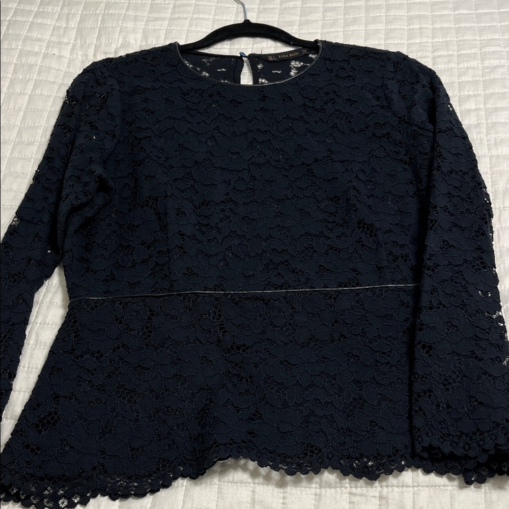 Zara Elegant Black Lace Blouse with Leather Trim